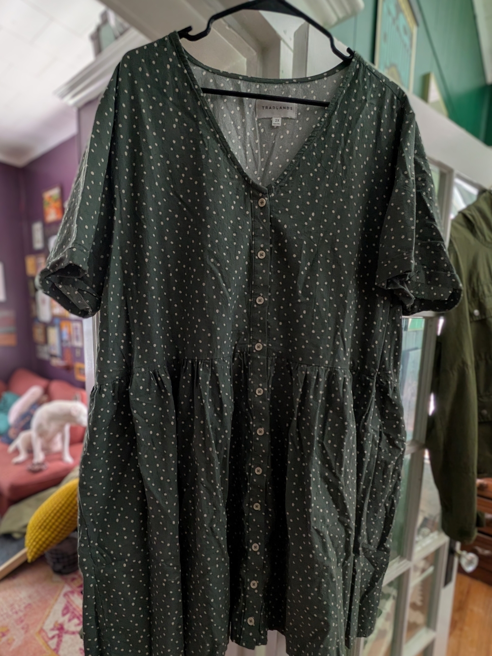 Tradlands Dark Green Polka Dot Button-Front Women's Dress